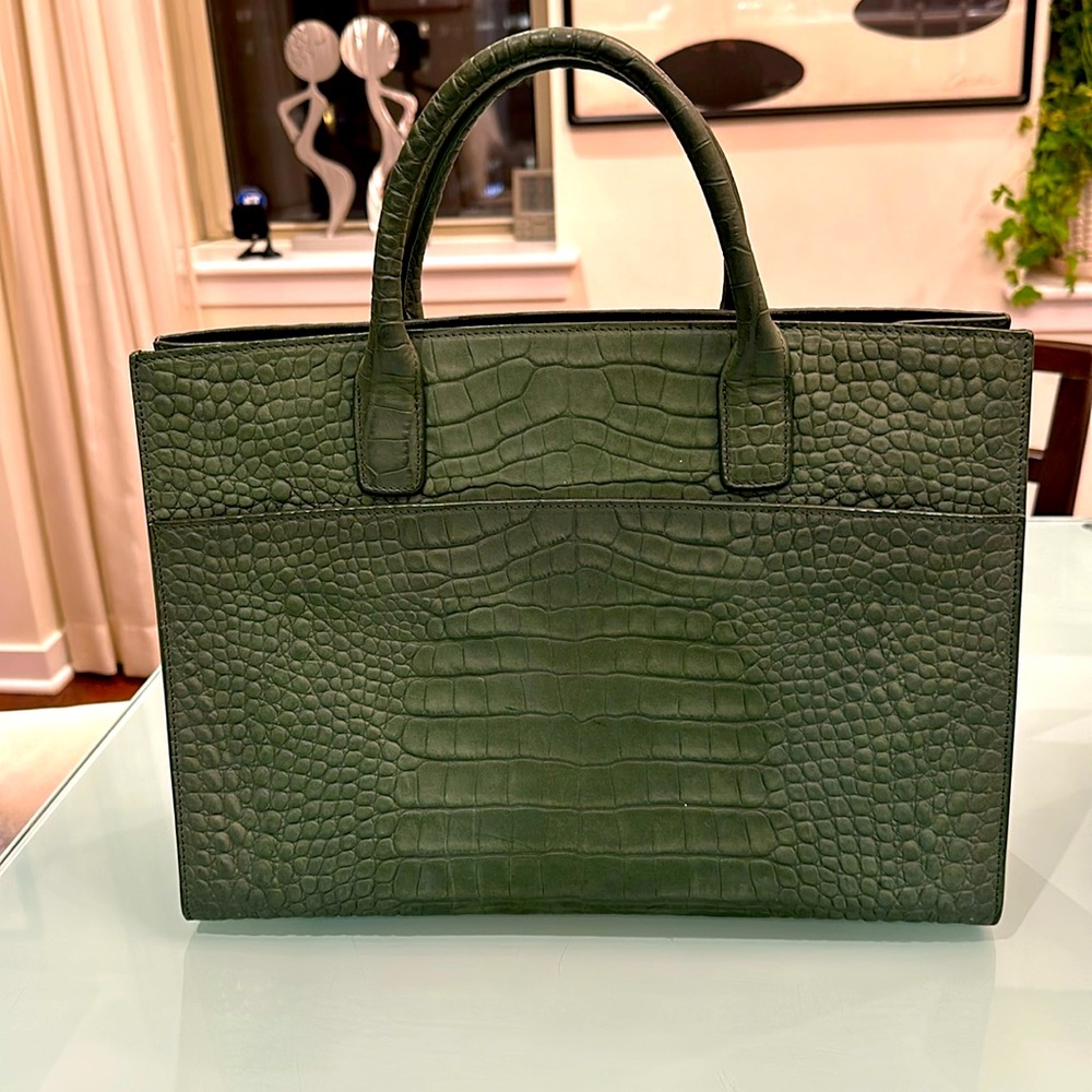 Emily Cho embossed green leather tote.